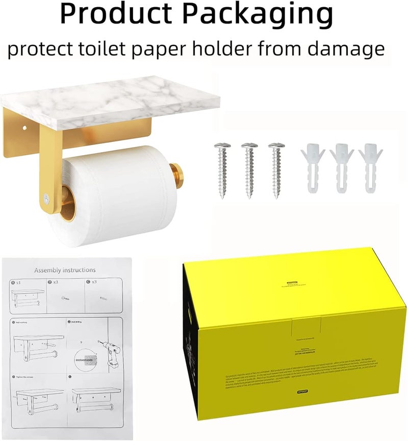 Gypie Brushed Gold Toilet Paper Holder with Natural Marble Shelf, 304 Stainless Steel Screw Wall Mounted, Tissue Roll Paper Holder Dispenser for Bathroom Washroom - Image 5